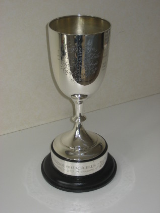 A simple silver cup on a black and silver stand